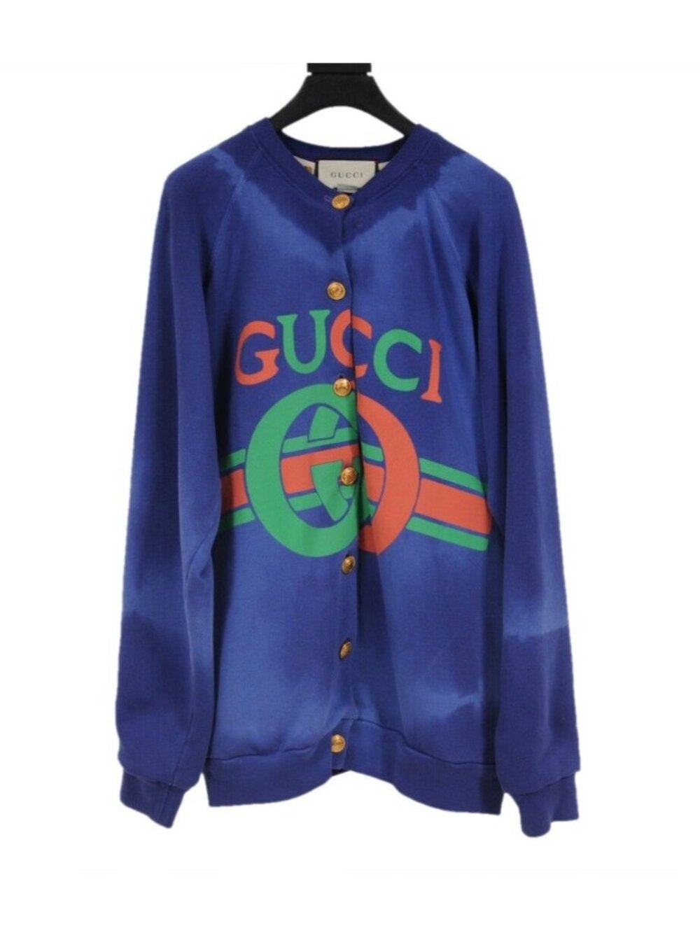 Gucci Women Cardigan Small Blue Cotton Silk Tie Dye Reversible Logo Sweater